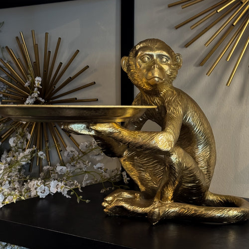 ESCULTURA Y CHAROLA DECORATIVA CHANGO SENTADO EN RESINA DORADA