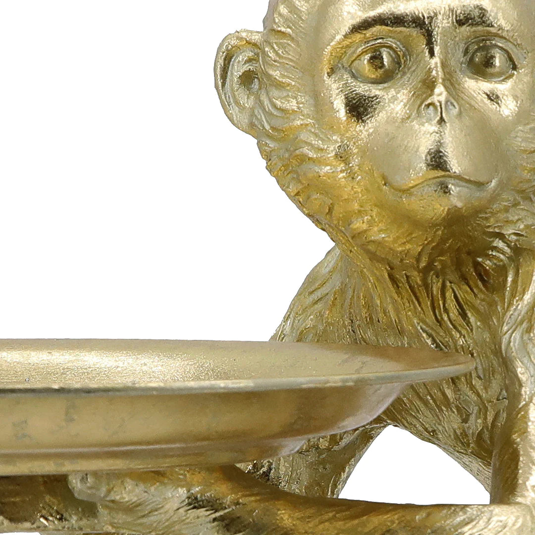ESCULTURA Y CHAROLA DECORATIVA CHANGO SENTADO EN RESINA DORADA