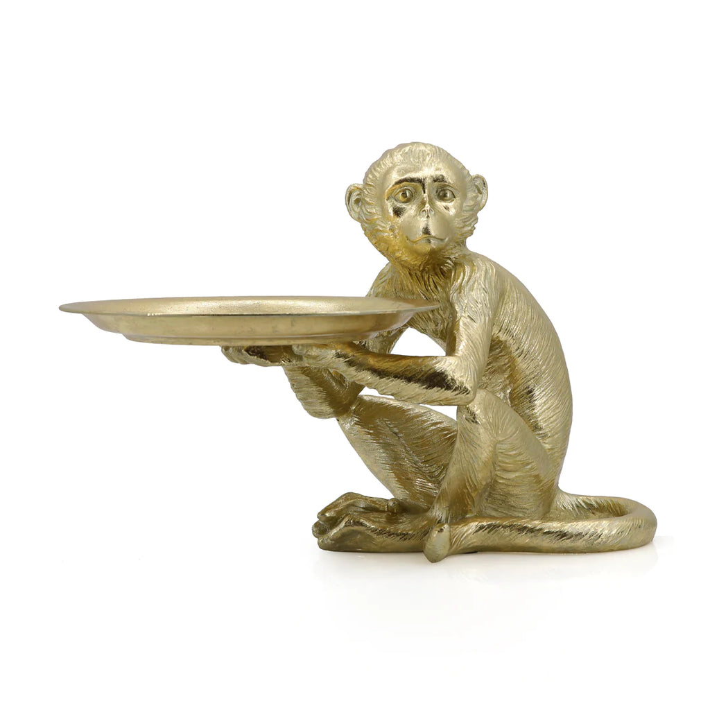 ESCULTURA Y CHAROLA DECORATIVA CHANGO SENTADO EN RESINA DORADA
