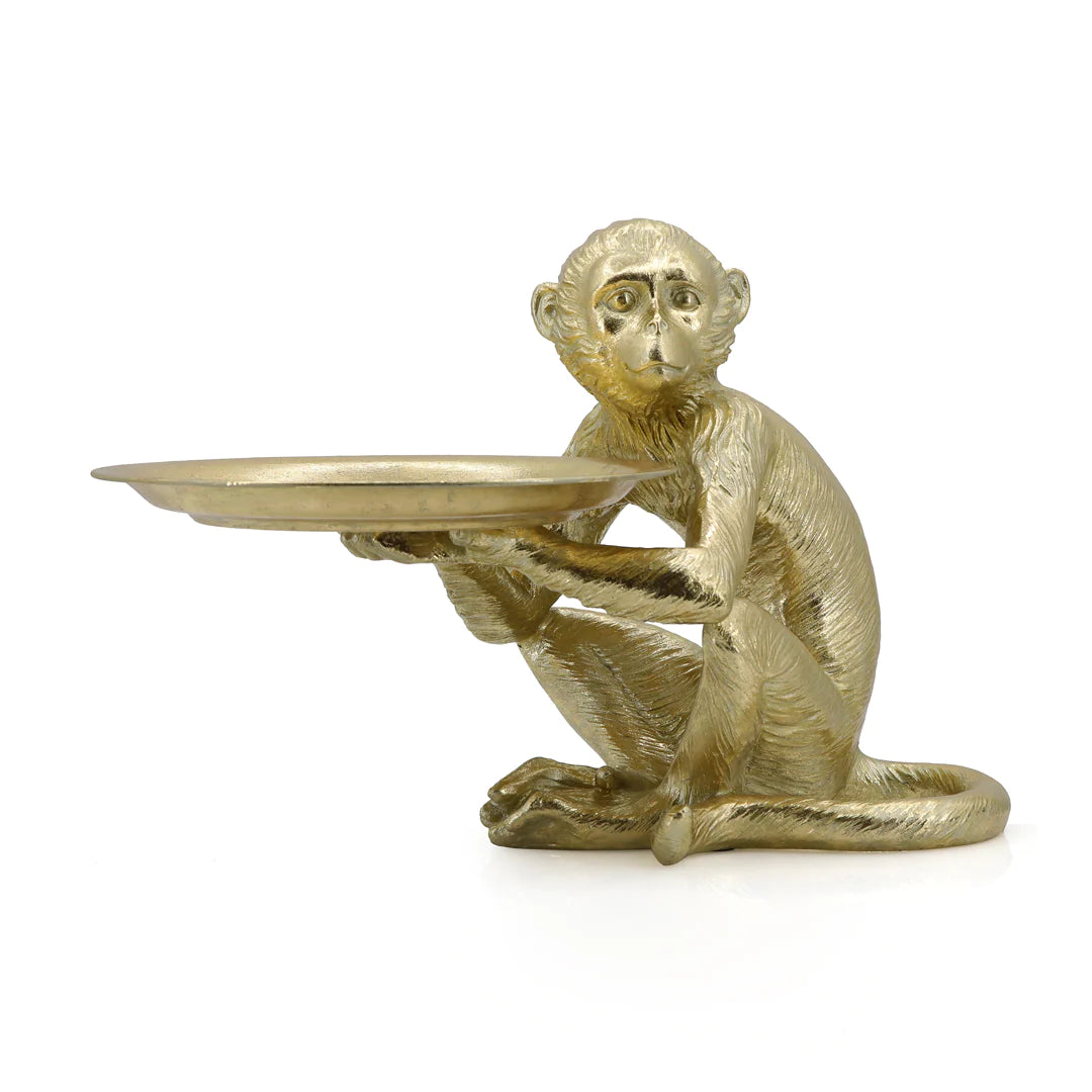 ESCULTURA Y CHAROLA DECORATIVA CHANGO SENTADO EN RESINA DORADA